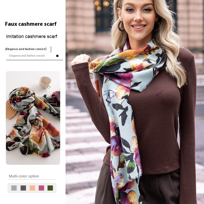 Artificial Cashmere Scarf Female Plant Print Fashion Commuter